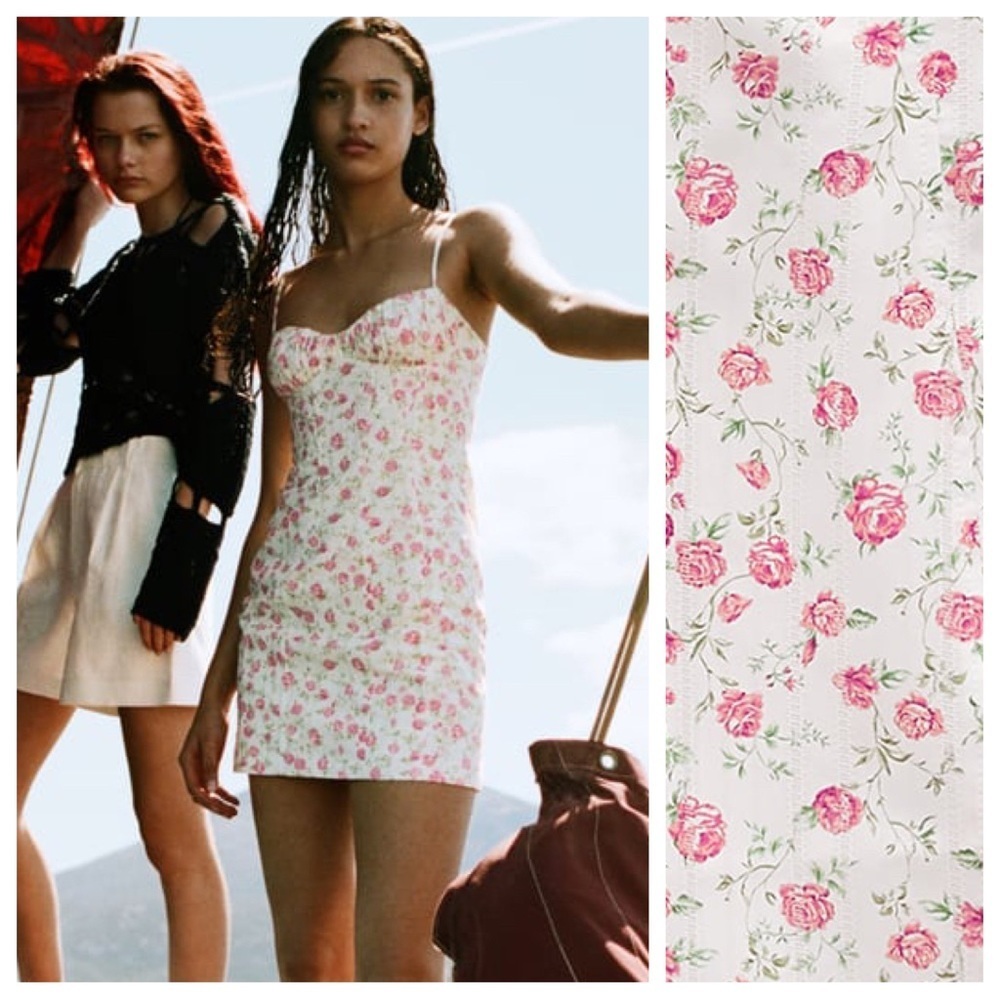 🌹NWT. Zara White/Pink Floral Print Mini Dress. Size M.